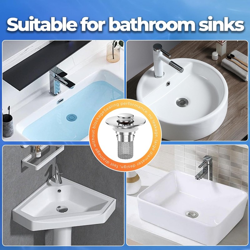 Bathroom Sink Drain Strainer, Pop-up Sink Drain Strainer with Removable