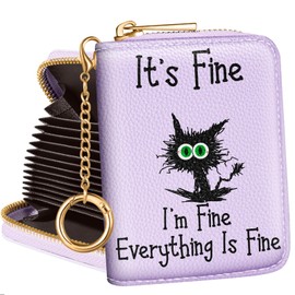 Bistup Credit Card Holder for Women Cute Small Ladies Teen Girls Female Rfid Leather Cardholder Wallets with Keychain Accordion Organizer Purse Purple Cat Kawaii Girly Aesthetic Print Unique Zipper