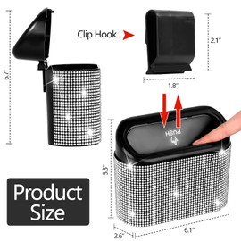 NBTEPEM Bling Car Trash Can with Lid, Mini Auto Garbage Can with 30 Trash Bags, Leakproof Automotive Garbage Container Bin, Bling Car Accessories Trash Can for Women (Silver Diamond)