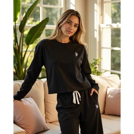 U.S. Polo Assn. Lounge Sets for Women, Tracksuit Sets for Women 2 Piece with Top and Wide Leg Sweatpants for Spring (Black, X-Large)