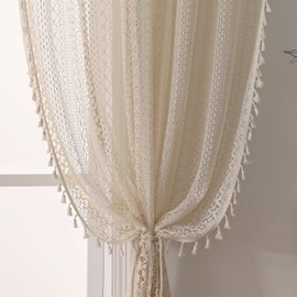 WAZZIO Cream Vintage Boho Curtains for Bedroom 2 Panels,Farmhouse Bohemian Decor Crochet Lace Drapes Sheer Privacy Let Light in Curtains Tassel Rod Pocket Long 59x 96 inches,Beige