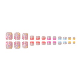 24PCS French Tip Press on Toenails Summer Toe Press on Nails Short Square Fake Toenails Colorful French Tip Toenails Colored Flower Pattern Acrylic Full Cover False Toe Nails Glue on Nails for Women