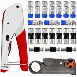 Taiss Crimping Pliers Coaxial Cable Set Stripping Tool with 20 Pieces Compression F Connector RG59/RG6 for Coaxial Cable F-070-R-GR