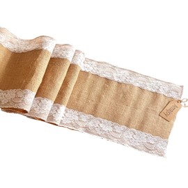 AmaJOY1pc 12x70 Inch (30cmx 180cm) Jute Burlap and White Lace Table Runner Interior Decoration Fabrics Country Rustic Wedding Decor Bridal Shower Party Decor (1)