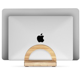 Kothar Premium Wood Vertical Laptop Stand - Adjustable Dual Slot Bamboo Holder for MacBook, Dell, HP, and More | Space-Saving Desktop Organizer | Eco-Friendly, Sleek & Durable Design