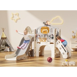 BIERUM 9 in 1 Toddler Slide, Kid Slide for Toddlers Age 1-3 with Ring Toss, Basketball Hoop, and Telescope, Indoor Outdoor Playset Playground Beige Gray