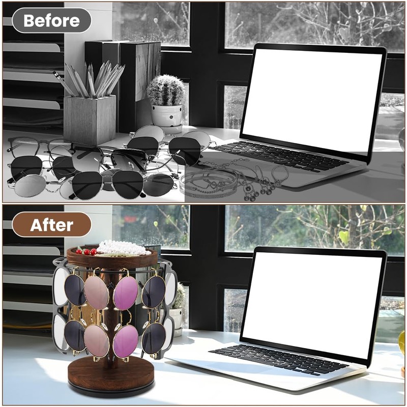Kazheon 360° Rotating Sunglasses Organizer with Wood Tray and Base,Glasses