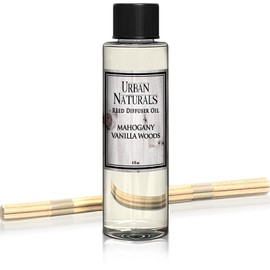 Urban Naturals Mahogany Vanilla Woods Scented Oil Reed Diffuser Refill with Free Set of Reed Sticks. Fresh Mahogany, Smoked Vanilla and Clean Lavender Scent Notes for a Clean Smelling Home, 4 oz
