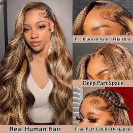 Agairl Highlight Wig Human Hair 210% Density 13x6 Ombre Body Wave Lace Front Wigs Human Hair Pre Plucked Honey Blonde Wig HD Lace Frontal wig Glueless Wigs 26 Inch