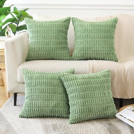 Sungeek Set of 4 Soft Corduroy Decorative Cushion Covers 50x50cm Square Striped Throw Pillow Covers 20x20 Inch for Sofa Couch Living Room Patio Farmhouse Boho Home Decor Pillowcases (Sage Green)