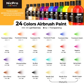 Nicpro 24 Colors Airbrush Paint (8.45 oz, 250 ml) with 1 Thinner, Large Bulk Ready to Spray Airbrush Paint Set, Opaque Water-Based Acrylic Air brush Paints for Model, Metal, Plastic, Wood, Canvas
