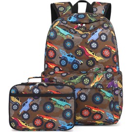 LEDAOU Kids School Backpack with Lunch Box for Boy Kindergarten BookBag School Bag Preschool Kindergarten Toddler Backpack (Off-road Vehicle Brown)