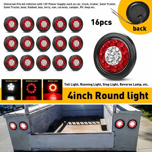 Unbranded 16pcs 4" Round Red/White 16-LED Truck Trailer Brake Stop