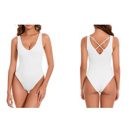 Nabawa Ribbed Bodysuit for Women Tummy Control Sleeveless Shapewear Bodysuit,White,M