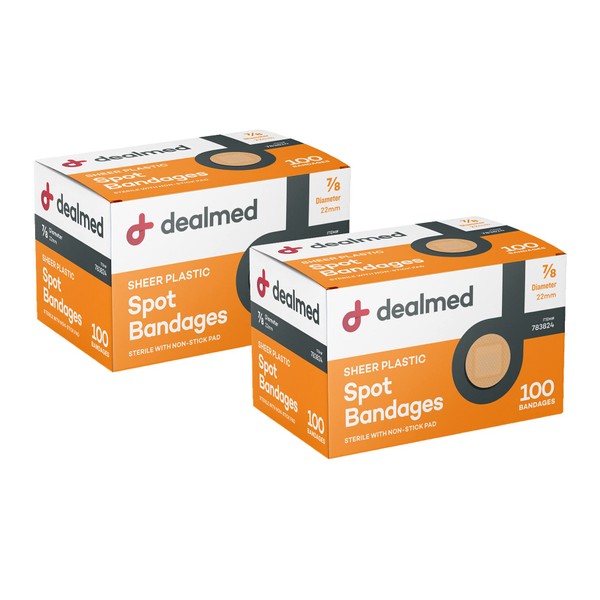 Dealmed Sheer Plastic Spot Bandages, Sterile with Non-Stick Pad, 7/8" Diameter, 100 Count (2 Pack)