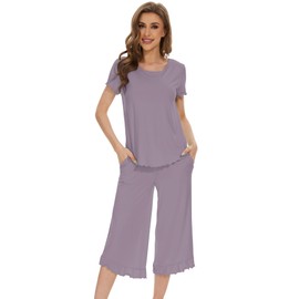 WiWi Pajamas for Women Viscose from Bamboo Short Sleeve Top and Capri Pants Pajama Set Soft Lounge Pj Sets Nightwear S-XXL, Violet, Medium