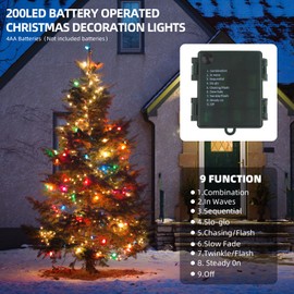 XTF2015 Christmas Lights 66ft 200 LED Battery String Lights Timer Memory Function USB or Battery Powered Waterproof String Lights for Indoor Outdoor Decoration (Multicolor)