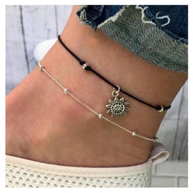 Andelaisi Boho Layered Wax Rope Anklets Vintage Sun Pendant Ankle Bracelet Silver Sun Anklet Bracelet Satellite Anklet Ball Beaded Foot Chain Jewelry for Women