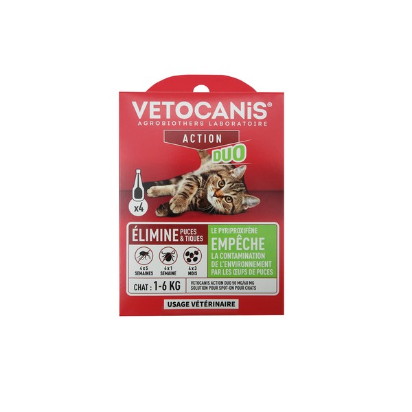 VETOCANIS - Action Duo Anti-Tick Flea Pipette for Cats - Treatment and Protection - Anti-Parasite - 1-6 kg - Habitat - Pack of 4 Pipettes
