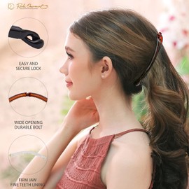 RC ROCHE ORNAMENT 12 Pcs Womens French Clutcher Thin Curve Banana Hair Clip Ponytail Maker Barrette Inner Teeth Secure Lock Strong Grip Cute Beauty Fashion Accessory, Large Clear Brown and Black