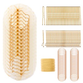 225PCS Hair Nets for Buns,20 Invisible Hair Nets with 50 U-shaped Pins 50 Bobby Pins 100 Elastic Rubber Bands Hair Ties for Women, Girls, Ballet Bun Maker & Dance,Golden 12inch