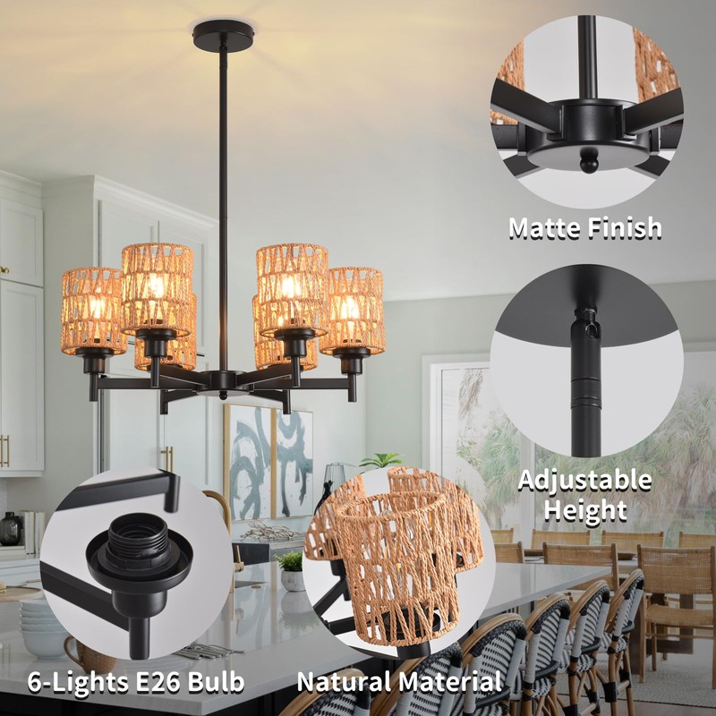 Giawosth 6-Light Black Rattan Chandelier for Kitchen Island, Farmhouse Boho