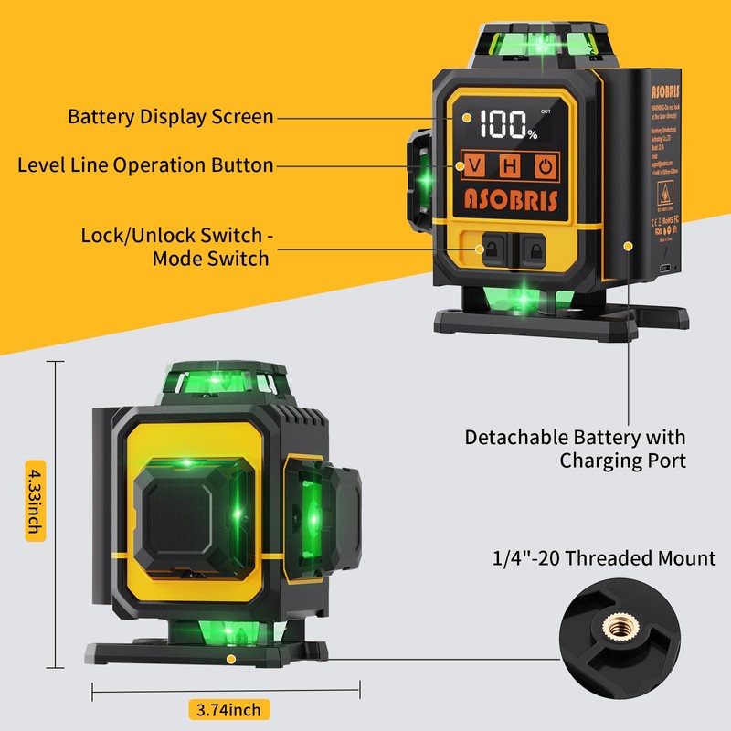 Laser Level 4x360° Self Leveling with Tripod & LCD Touch