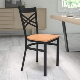 Flash Furniture HERCULES Series Black ''X'' Back Metal Restaurant Chair - Natural Wood Seat