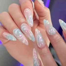 Almond Medium Nails Press ons Pink Light Green Press on Nails Medium Fake Nails Almond with 3D Lines Stars Design Gradient Glue on Nails Glossy False Nails Artificial Stick on Nails Women 24Pcs