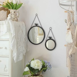 NIKKY HOME 11.2" Decorative Small Hanging Mirrors Vintage Rustic Round Metal Framed Wall Mounted Mirror Decor with Bird for Bathroom Living Room Office, Antiqued Black