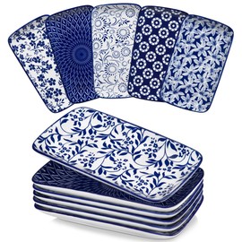 vancasso Selene 9.5 Inch Rectangular Dinner Plates Set of 6, Ceramic Salad Plates for Dessert, Appetizer, Porcelain Serving Platters for Entertaining, Microwave & Oven Safe, Vintage Blue & White Color