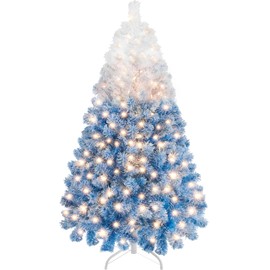 Yaheetech 4.5ft Pre-lit Artificial Christmas Tree W/Incandescent Warm White Lights, Flocked Full Prelighted Xmas Tree with 340 Branch Tips, 150 Incandescent Lights & Foldable Stand, Lake Blue Gradient