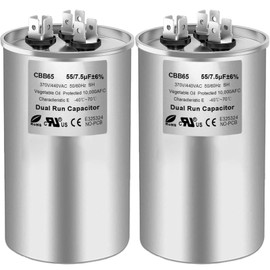 55/7.5 uF 55+7.5 MFD 370V or 440V Dual Run Start Round A/C Capacitor, 55 7.5 uF 370 440 Volt CBB65B Air Conditioner Capacitors for AC Unit, Fan Motor Start, Heat Pump, Condenser Straight Cool, 2PCS