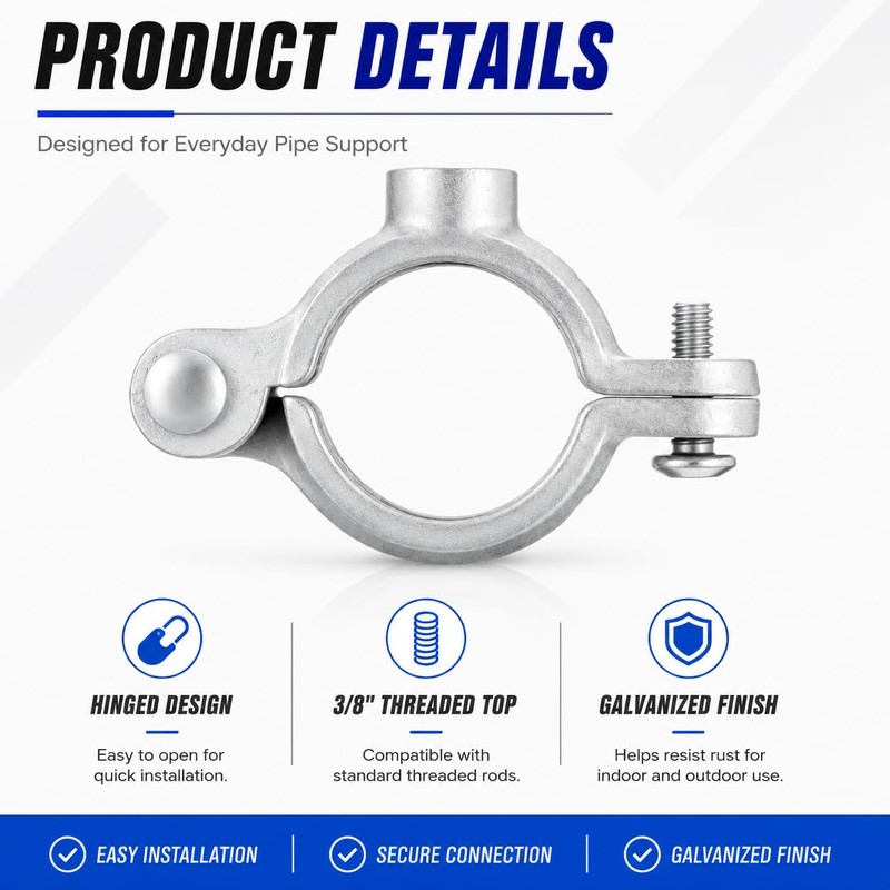 10 Pack 3/4'' Silver Hinged Split Ring Pipe Hanger, Galvanized