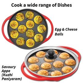 Hawkins Futura 24 cm (inside diameter) Appe Pan 26 cm outer diameter, Non Stick Paniyaram maker with Glass Lid, 12 Cups Paniyarakkal, Litti, Kuzhi Paniyaram, Ponganalu, Red (NAPE24G)