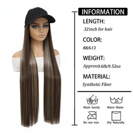 GUOJIAN Baseball Cap with Straight Hair Extensions 32inch Straight Long Hairstyle Adjustable Wig Hat Attached Synthetic Cap Wig for Woman (8B/613, 32Inch)
