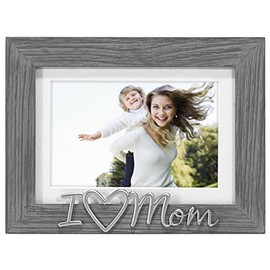 Malden International Designs 4x6 or 5x7 I Love Mom Distressed Expressions Picture Frame Silver Finish I Love Mom Word Attachment Gray Textured Wood Grain Finish MDF Frame White Beveled Mat
