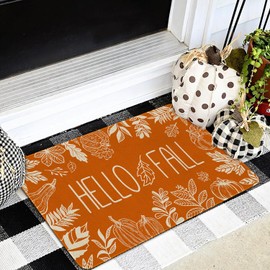 Hello Fall Front Welcome Door Mat Outdoor Entrance, Fall Doormat Rugs Outdoor Indoor Autumn Home Decor, Orange, 17" x 30"