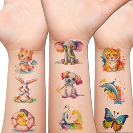 Hohamn Watercolor Animals Temporary Tattoos for Kids, 10 Sheets Cartoon Watercolor Animals Tattoos for Girls Boys Birthday Party Supplies Gifts Decoration