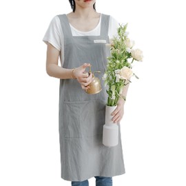Ifukens Women's Apron, Fashionable, Scandinavian Apron, Cute, Adult, Plain, Nursery Apron, H Shape, Long Apron, Large Size, Stylish Apron, One-Piece Type, Afternoon Tea, Cafe Apron, gray