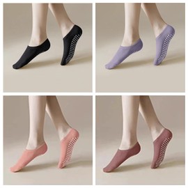 BANLMEYD 4 Pairs Yoga Socks for Women Non Slip Pilates Socks, Pink, Purple, Burgundy, Black, Comfortable for Pilates, Dance, Fitness, Travel, Trampoline, Running