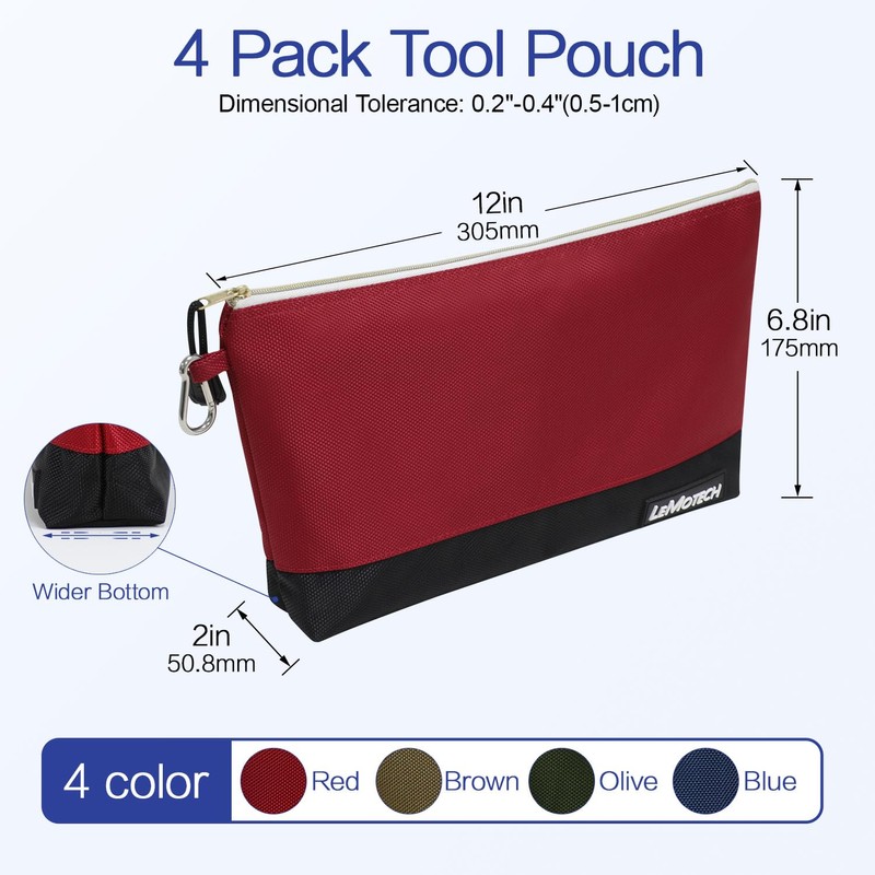 LeMotech Zipper Tool Bag, Stand-Up Tool Pouch with Carabiners,Utility Bag,Water