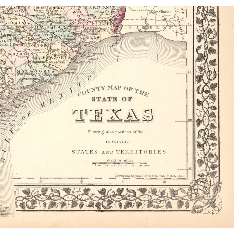 1876 County Map of Texas by S.A. Mitchell