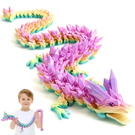 3D Printed Dragon, 60 cm Dragon Toy with Eyes, Mysterious Realistic Dragon Figures, Movable Joints Crystal Dragon Decorative Desk Toy (Dreamlike Colour Powder Dragon)