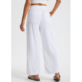 Libin Linen Pants Women Wide Leg Summer Casual Beach Palazzo Pants High Waist Cotton Linen Lounge Travel Work Trousers with Pockets, White,X-Large