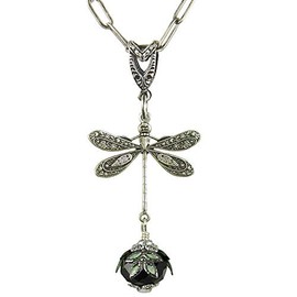 NoMonet Dragonfly necklace, art deco fantasy, fanciful Dragonfly Daze, crystal, hand-painted leaves, vintage filigree, US made, silver black & green