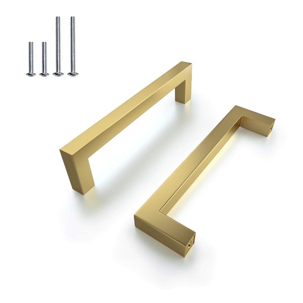 6Pack|5'' Cabinet Handles Brushed Brass Square Drawer Handle Polished Gold,Stainless Steel Brass Square Kitchen Furniture Hardware,Hole Center:128mm