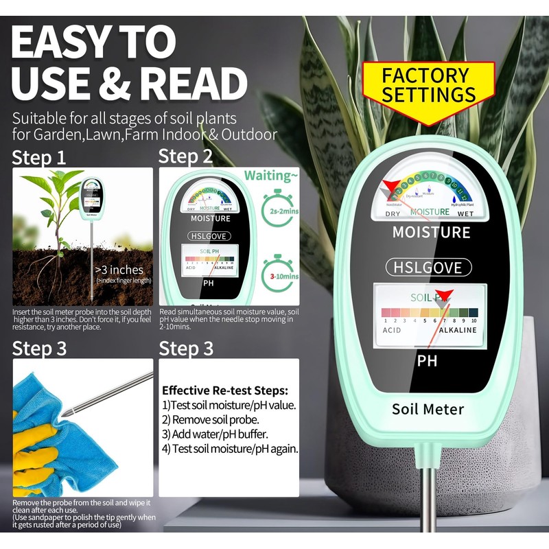 HSLGOVE Soil Test Kit, 2-in-1 Soil Moisture Meter/Soil PH Meter,