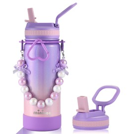 mininoo Kids Water Bottle for School - 16 oz Stainless Steel Insulated Water Bottle with Ceramic-Lined, Leakproof Straw Lid & Beaded Handle for Girls & Boys