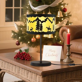 Farmhouse Rustic Table Lamp Home Decor,20.28" Black Metal Desk Light for Living Room,Bedroom,Office,Nightstand,Painted Tree,Deer,Horse and Person,Nature Theme,Button Switch,E26/E27 Bulb(Not Included)